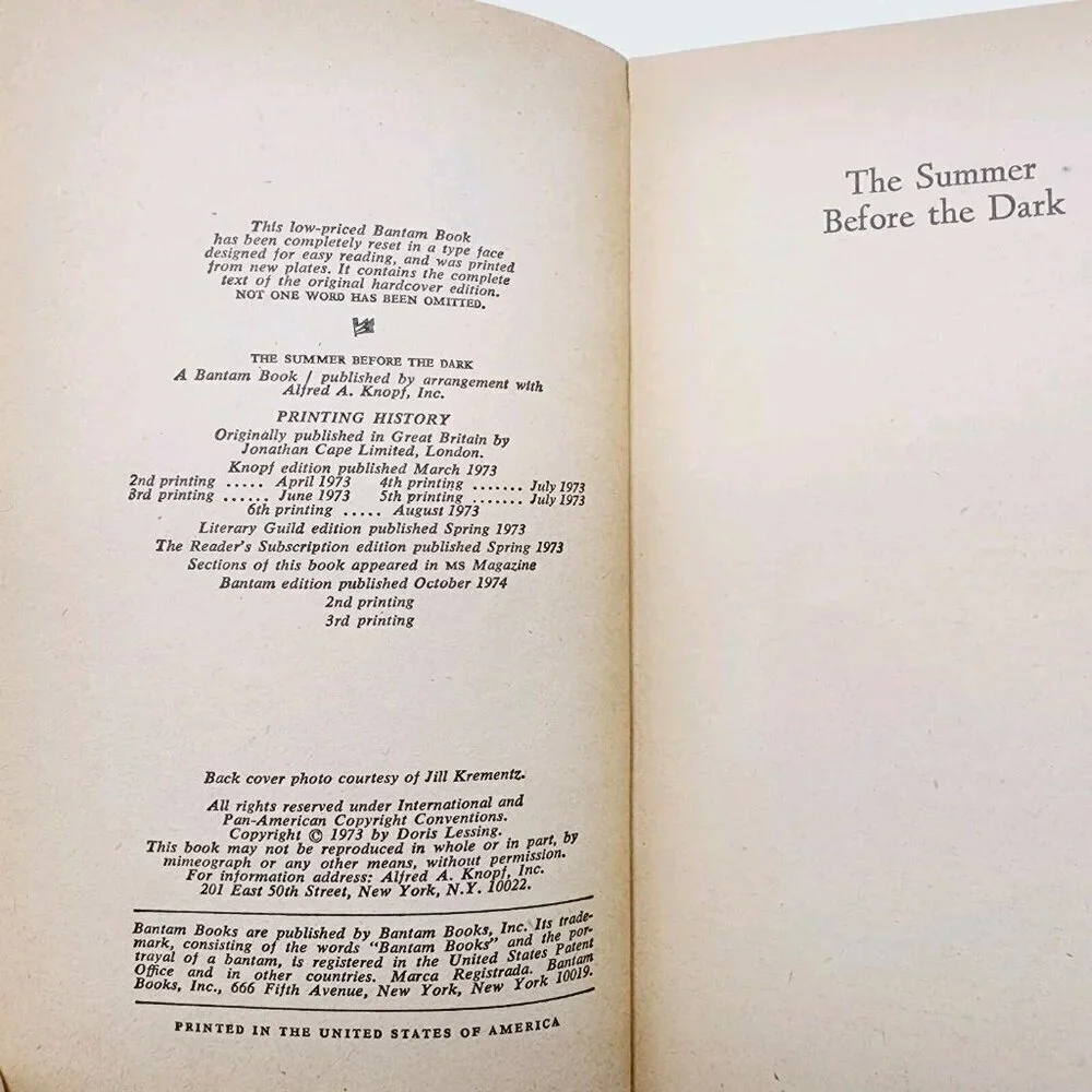 The Summer before the Dark Doris Lessing vintage paperback 1974 Bantam
